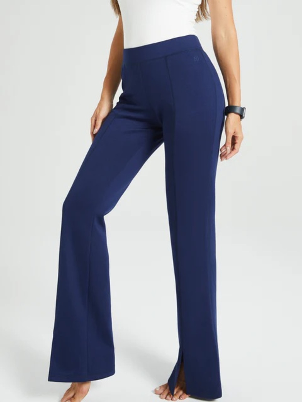 Betabrand Navy Boot-Cut Pull-On Pants with Hem Slit